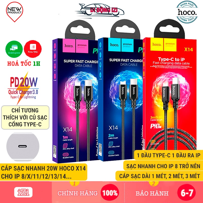 Cáp Sạc Nhanh 20W PD Cho IP8/8P, X/XsMax, 11/12/13/Pro/ProMax, Dây Sạc Hoco X14 Đầu Type-C, Nhanh, Siêu Bền [CHÍNH HÃNG]