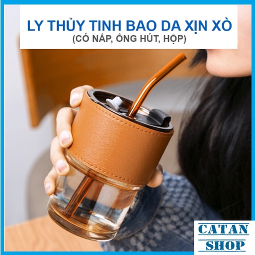 Cốc thủy tinh GorGous có nắp kèm ống hút bọc da sang chảnh chống bỏng pha sữa cafe 450ml