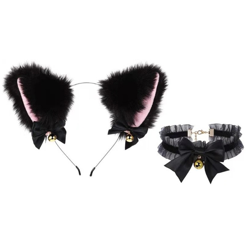 Băng Đô Tai Mèo Phối Lông Và Choker Hóa Trang Lolita