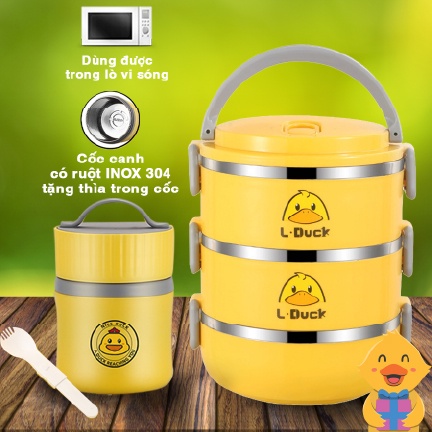Hộp Cơm 3 Tầng Con Vịt Bằng Thép Không Gỉ Màu Vàng Nhiều Lớp Cách Nhiệt