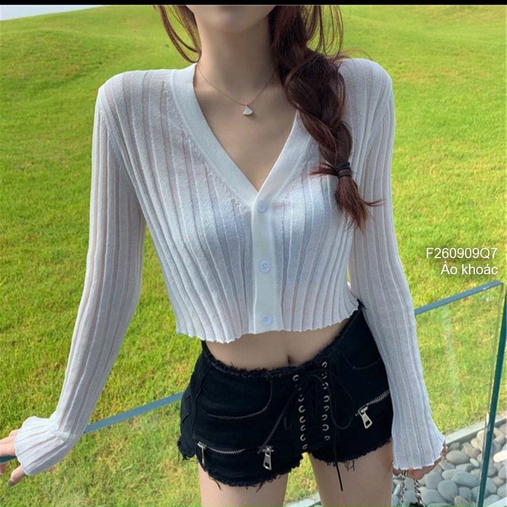 Áo khoác len mỏng dáng croptop gài nút cổ tim tay dài thời trang!