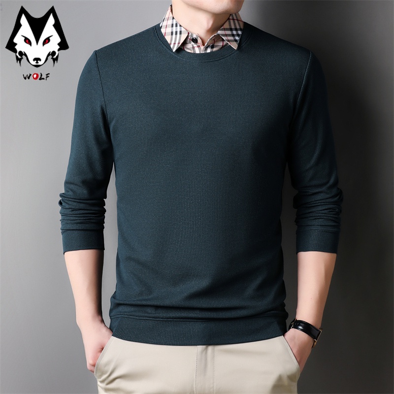 Áo Thun Nam Dài Tay Cổ Tròn Giả Hai Lớp Màu Sắc Thời Trang