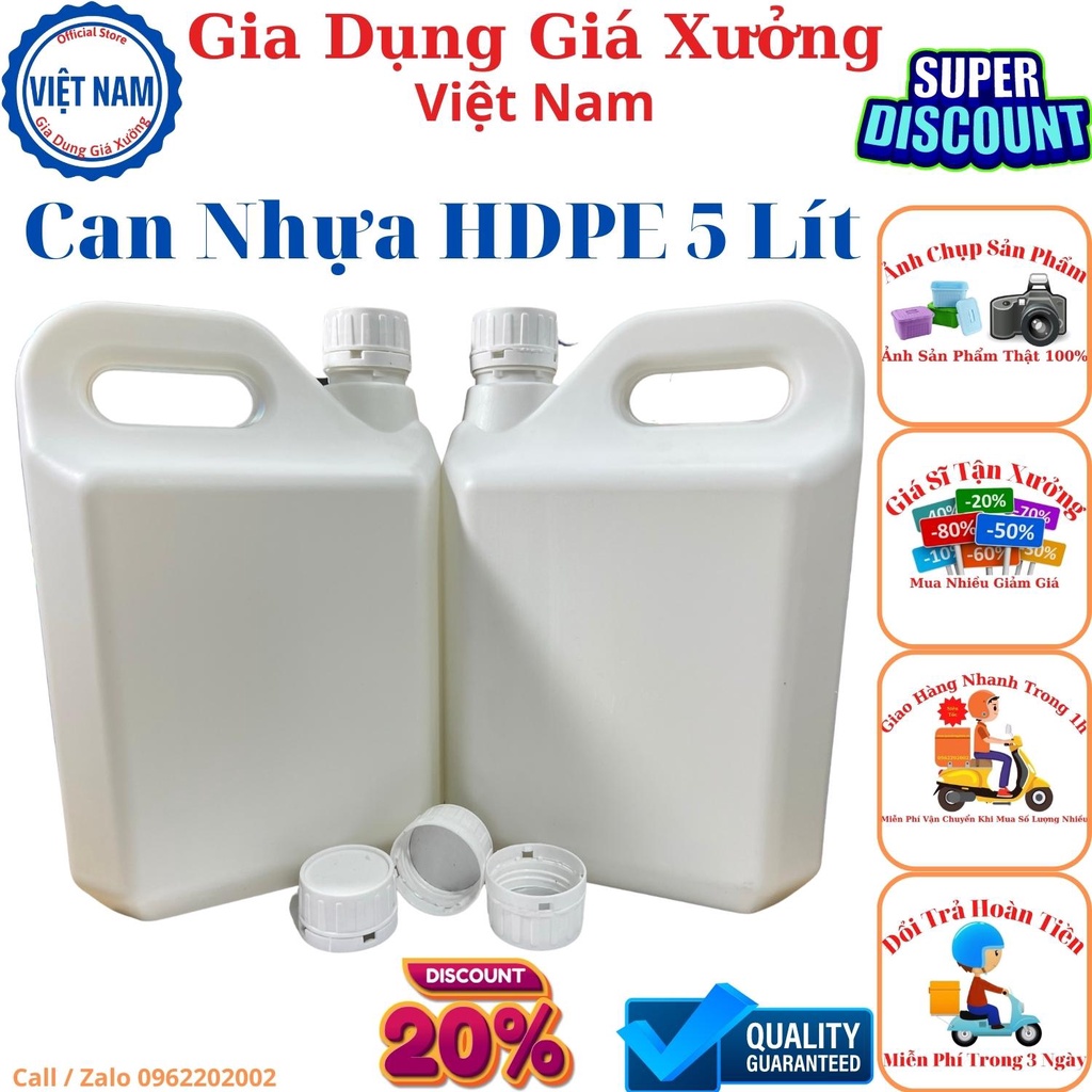 Can Nhựa HDPE 5 Lít Luôn Nắp + Seal Chống Tràn Khò Nhiệt Loại Dày - Giá Rẻ