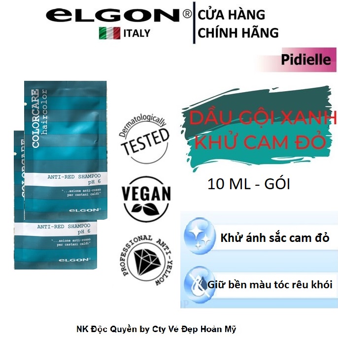 DẦU GỘI XANH ELGON - ANTI-RED SHAMPOO PH6 KHỬ ÁNH CAM ĐỎ, GIỮ MÀU RÊU GÓI 10ML