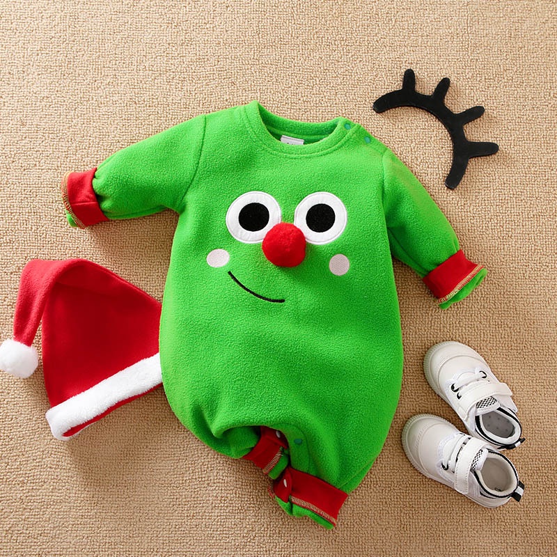 Bộ Áo Liền Quần 2 Món Bằng Vải Cotton In Họa Tiết Giáng Sinh + Mũ Thời Trang Cho Bé Sơ Sinh 0-24 Tháng Tuổi