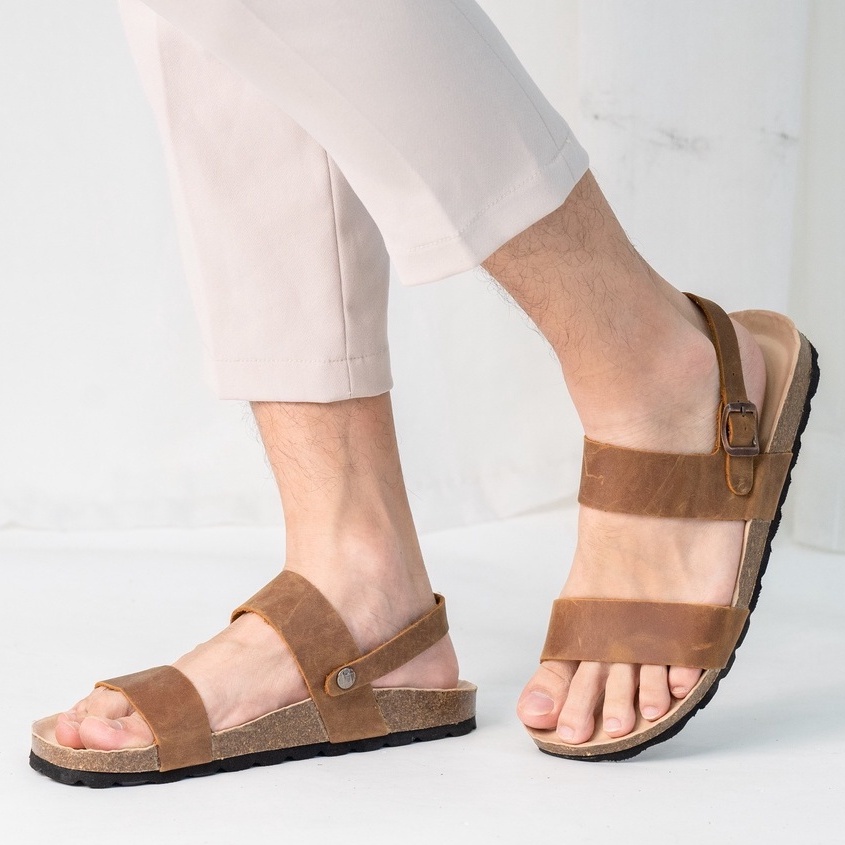 ( Mẫu Da Thật ) D15 - Sandal Birken Đế Trấu BIOLINE Official Thiết Kế Unisex Hai Quai Ngang Da Bò