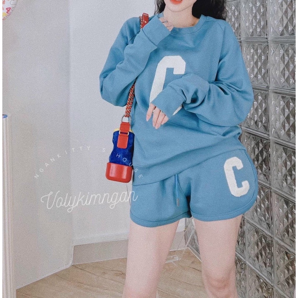 [10.10 Sales Freeship] Set bộ đùi thể thao nữ, set bộ áo tay dài in chữ C quần short đùi đi chơi cá tính, trẻ trung