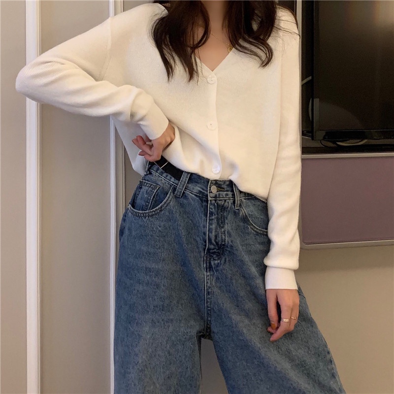 ZHELIHANGFEI Áo Cardigan Dệt Kim Tay Dài Cổ Chữ V Eo Cao Thời Trang