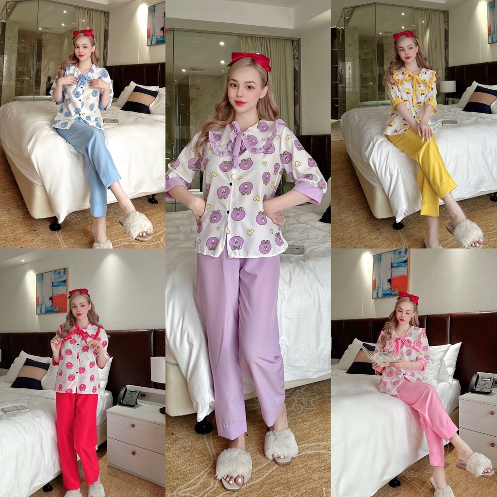 Đồ ngủ pijama tay lỡ có túi 2 bên áo con gấu siêu xinh vải kate lụa họa tiết gấu siêu dễ thương freesize dưới 57kg