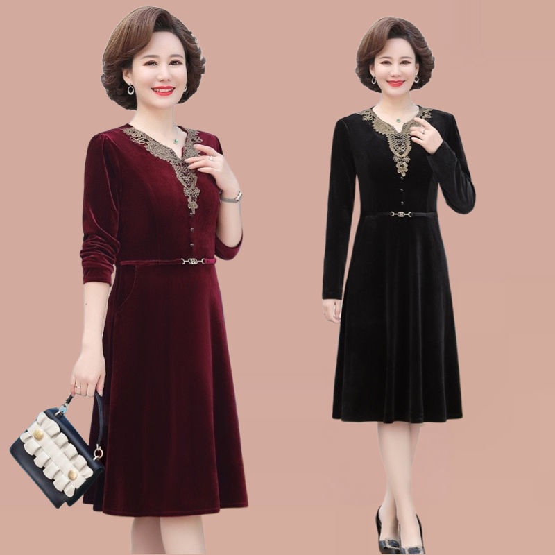 Váy Nhung Đỏ Nữ Đầm Nhung Dài Qua Gối Tay Dài Phong Cách Mới Xuân Thu Cho Phụ Nữ Trung Niên