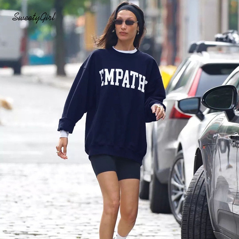 SweetyGirl Women's 2022 Fashion Contrast Color Letters Print Round Neck Long Sleeve Loose Fit Casual All Match Street Sweatshirts