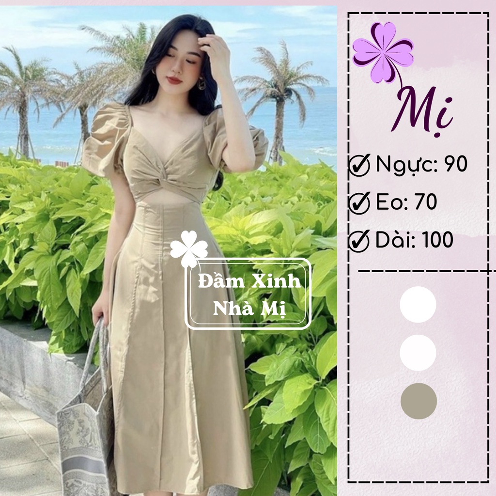 Đầm Maxi Dáng Dài Cúp Ngực Cut Out Tay Nhún Phồng Xếp Li Eo Sang Chảnh, Đầm Dự Tiệc Màu Kem [ANH THẬT CUỐI]