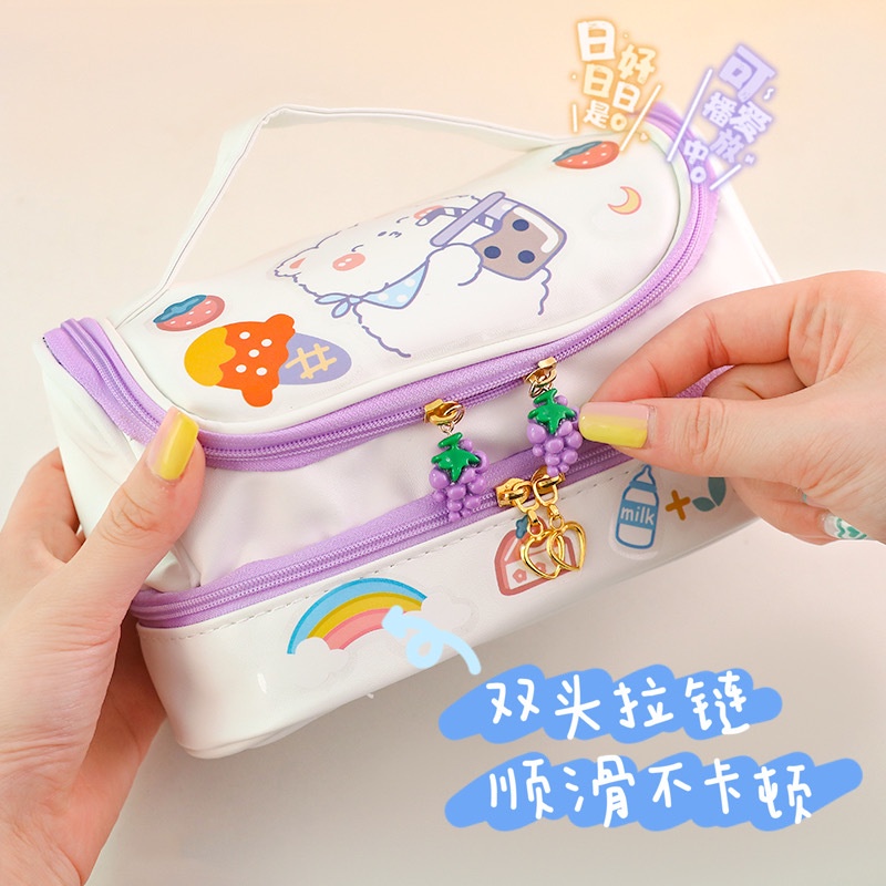 Hộp Đựng Bút / Mỹ Phẩm Hai Ngăn Sức Chứa Lớn Họa Tiết Hoạt Hình