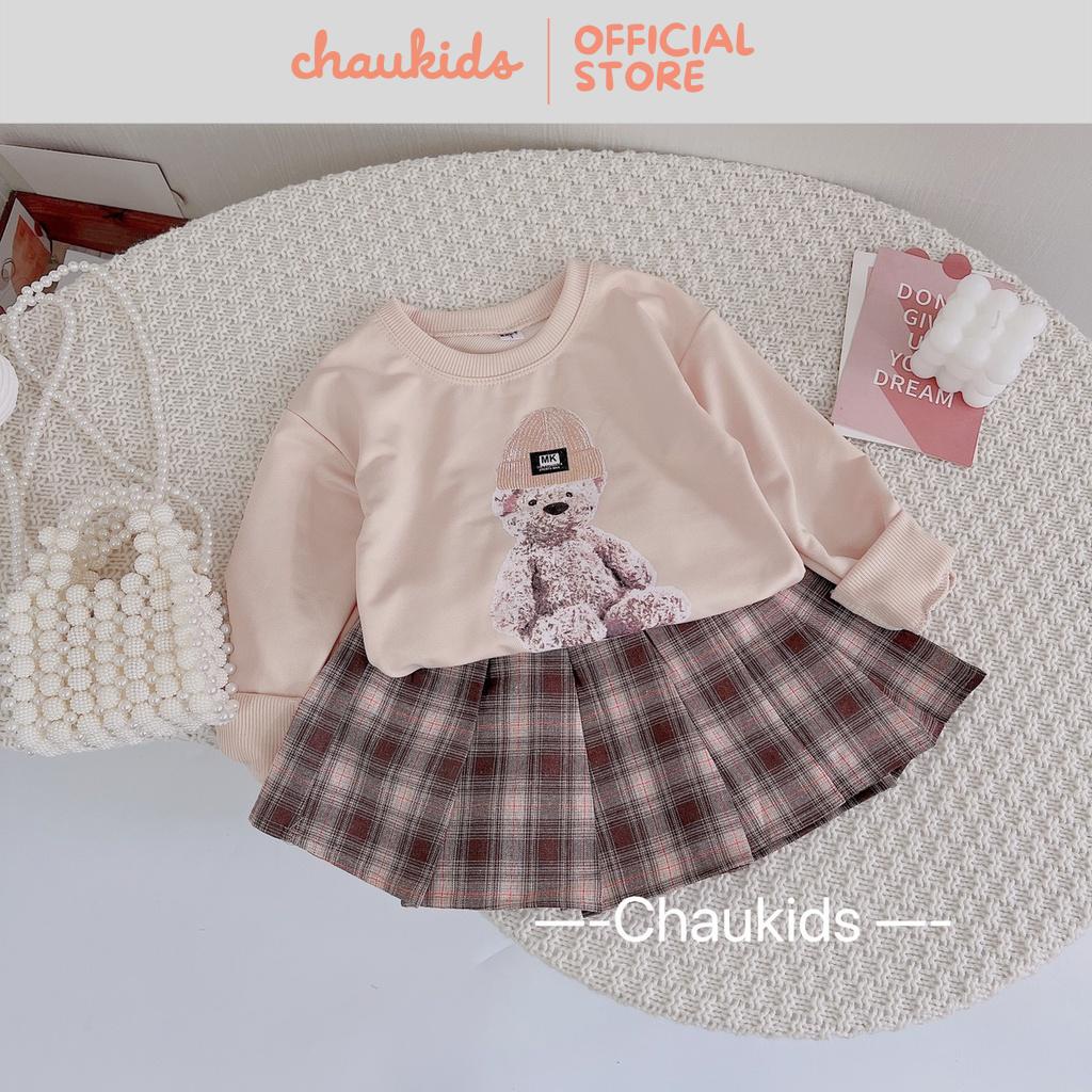 Set Áo Váy Bé Gái Thu Đông Siêu Xinh, Set Áo Thu Đông Hình Gấu Chất Da Cá Kèm Chân Váy Kẻ Xếp Ly Vải Thô Mềm Đẹp-CKTD26