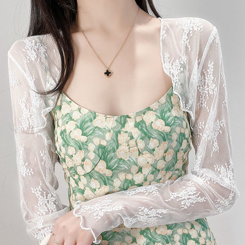 Áo Khoác Cardigan Ngắn Phối Váy Hai Dây Mỏng Xuyên Thấu Mùa Hè Thu Cho Nữ