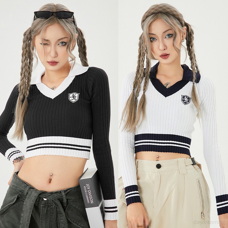 Áo Croptop Dệt Kim Tay Dài Dáng Ôm Màu Tương Phản Phong Cách Học Sinh Hàn Quốc Thời Trang Cho Nữ