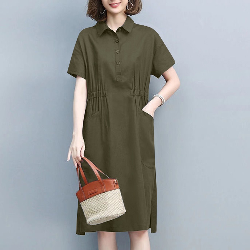 Đầm dài ZANZEA tay ngắn cổ bẻ thời trang nữ