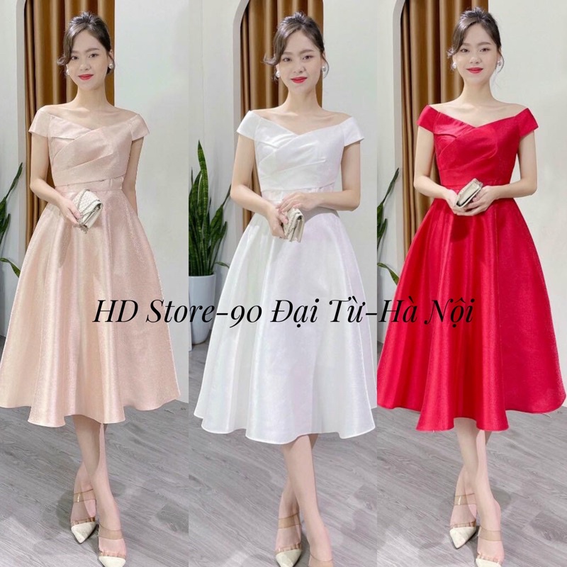 Váy xoè dự tiệc ngang vai xếp nếp, đầm tiệc cưới cô dâu