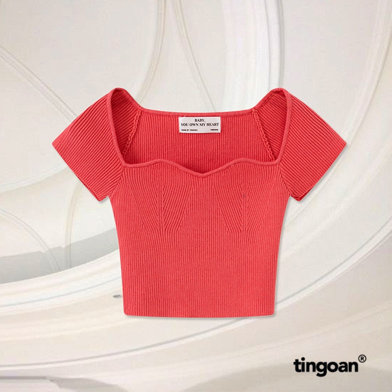 TINGOAN® - Áo len xù ngắn tay cổ lượn viền hồng DATE MAKER TOP/PK