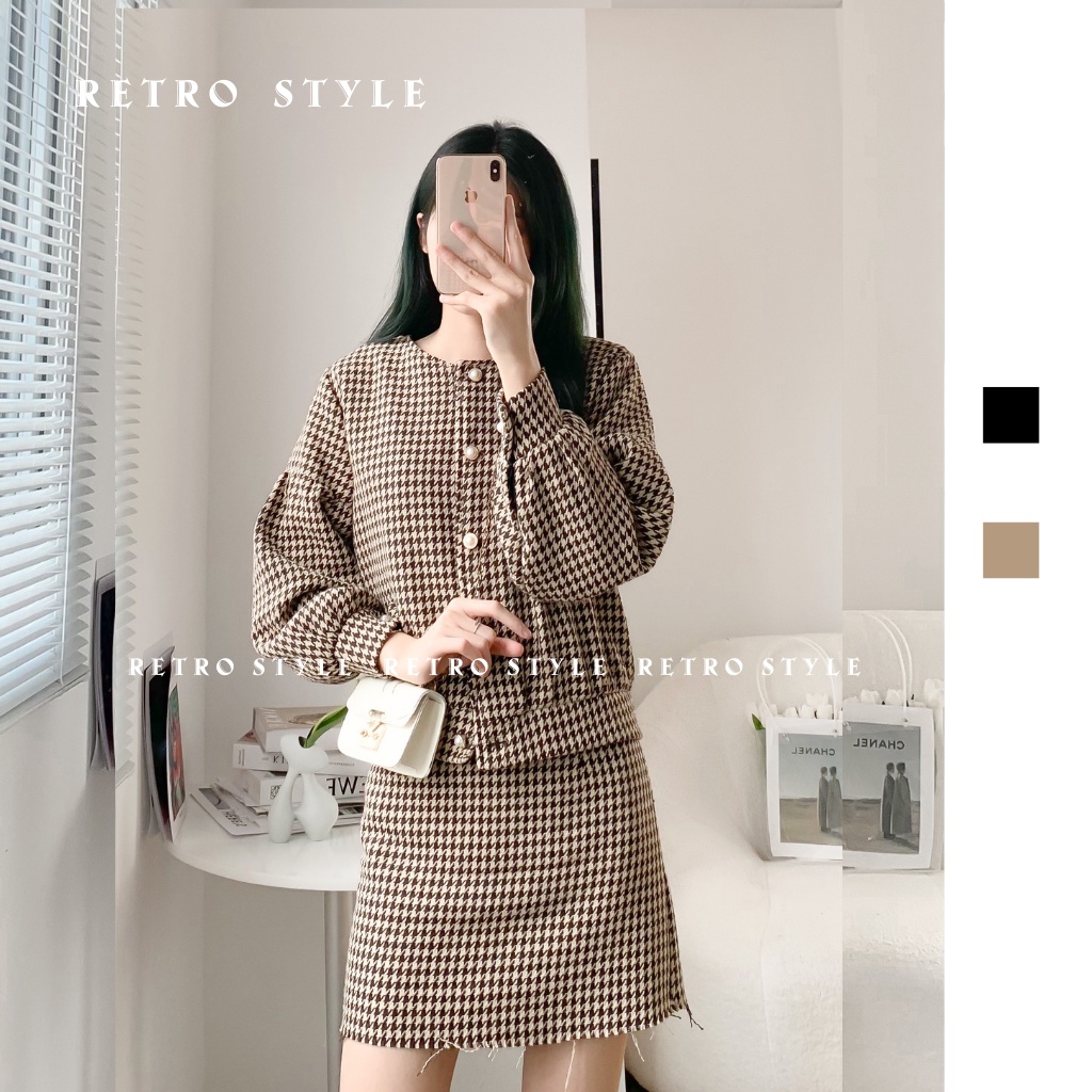 Set áo dạ cài cúc tay bồng kèm chân váy SUÔNG hoạ tiết răng cưa mã 6062