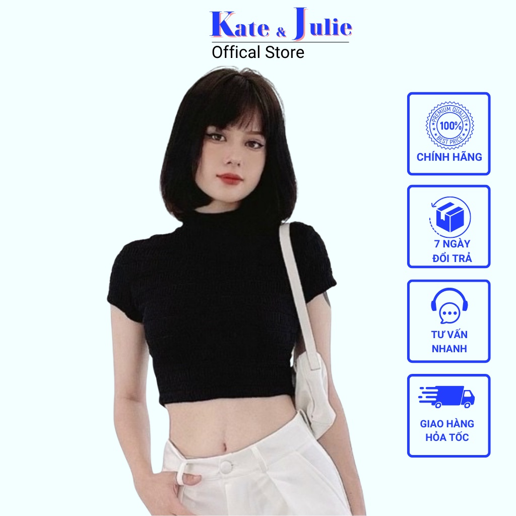 Áo croptop nữ cổ lọ K&J, áo croptop nữ ngắn tay chất vải thun ren mềm mại mặc siêu thoáng mát