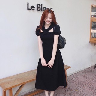 Đầm đen xoắn cổ form dài (kèm hình thật)
