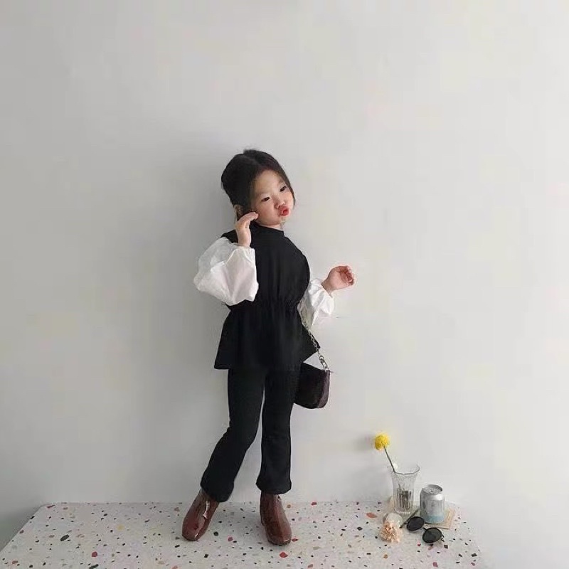 bộ đen nhún eo tay sơ mi bồng bé gái