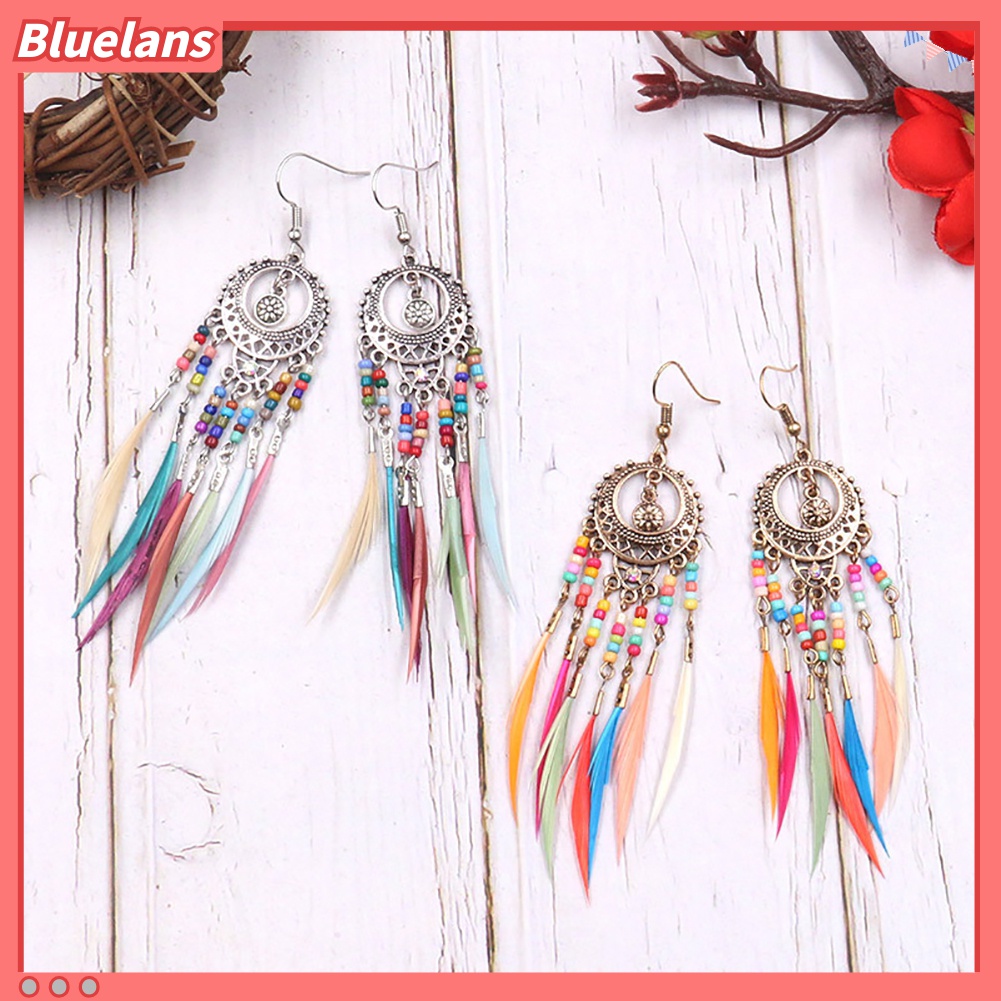 Bông Tai Dạng Móc Hình Tròn Khắc Họa Tiết Lông Vũ Tua Rua Phong Cách Boho Cho Nữ 48h