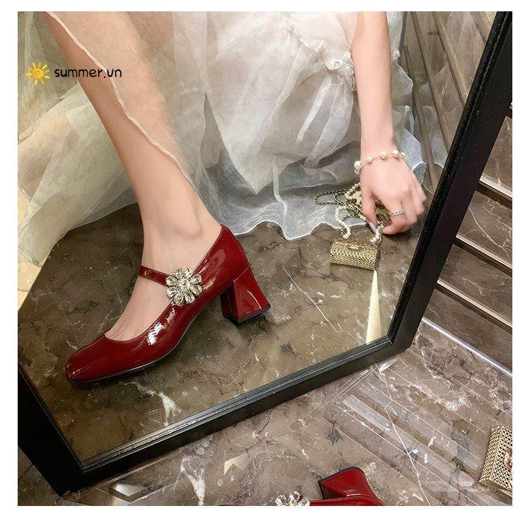 Giày Cao Gót Mary Jane Mũi Vuông Đính Đá Phong Cách Thời Trang Retro Mới 2022