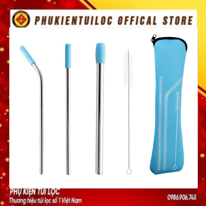 Ống Hút Inox 304 thép không gỉ kèm nắp silicon, tái chế sử dụng, thân thiện môi trường- Phukientuiloc