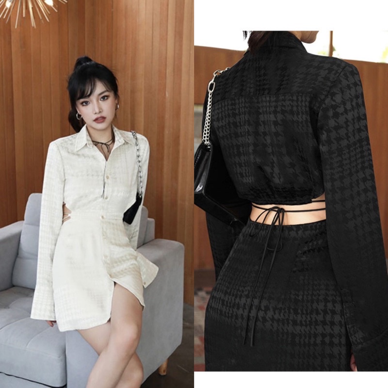 Đầm sơ mi tay dài cut-out lưng thắt dây