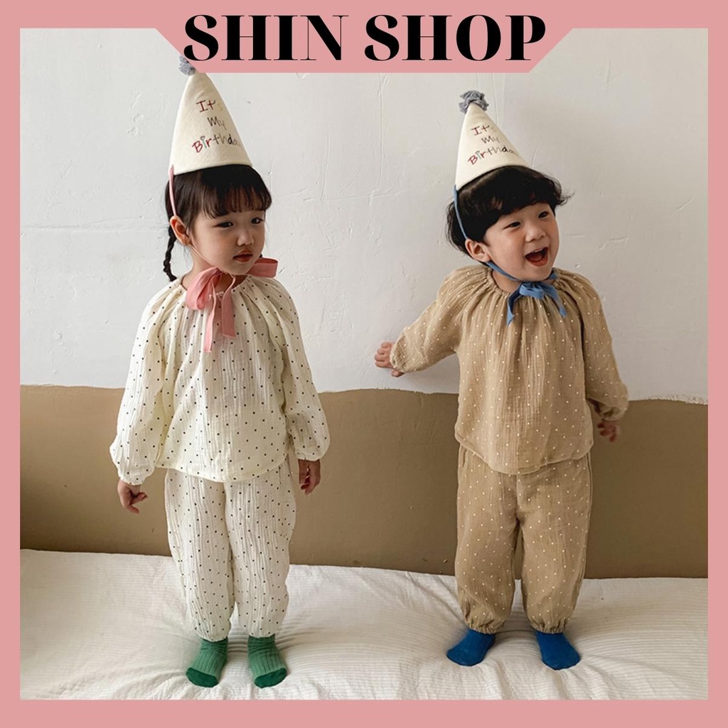 Bộ quần áo cho bé dài tay thu đông SHOPSHIN chất vải xô muslin cao cấp phối túi bụng đáng yêu cho bé QA42