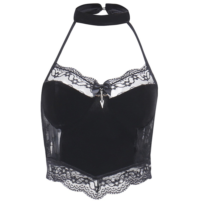 Áo Croptop Sát Nách Phối Ren Hoa Thiết Kế Hở Lưng Quyến Rũ