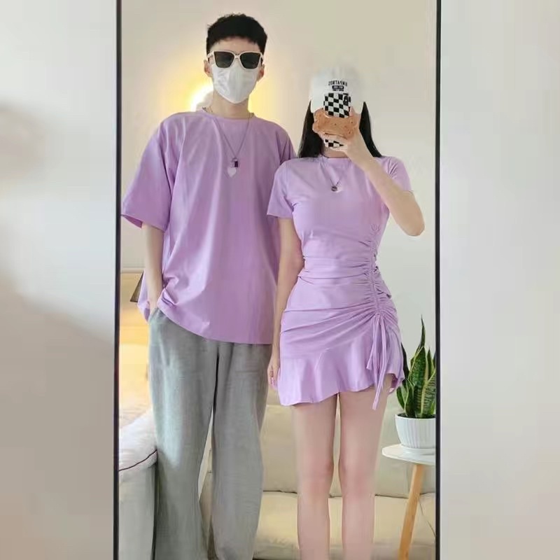 Váy thun đôi nam nữ cổ tròn rút thun eo dễ thương 4 màu