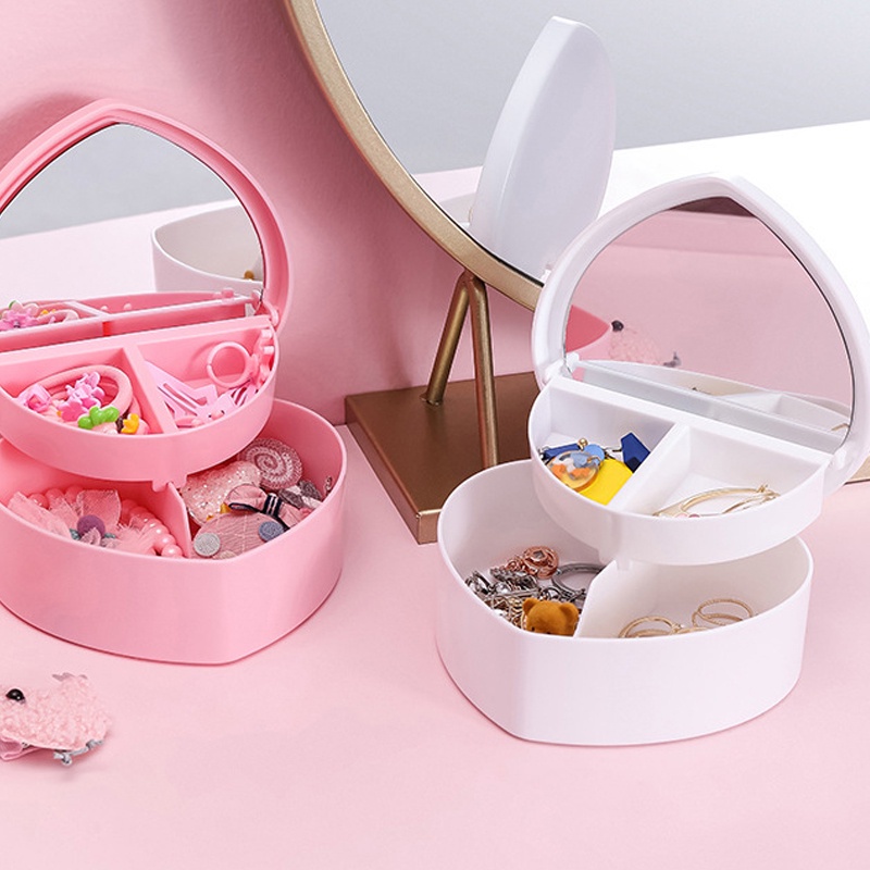 Hộp Đựng Đồ Trang Điểm Màu Hồng Có Gương Hình Trái Tim Dễ Thương Sắp Xếp Gọn Gàng Cho Bạn Gái Giá Đỡ