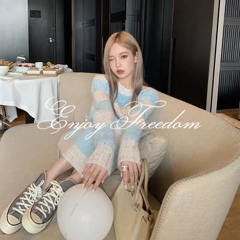 Enjoy Freedom Áo sweater Dệt Kim Dáng Rộng Dài Vừa Phải Kẻ Sọc Rỗng Thời Trang Mùa Thu Cho Nữ