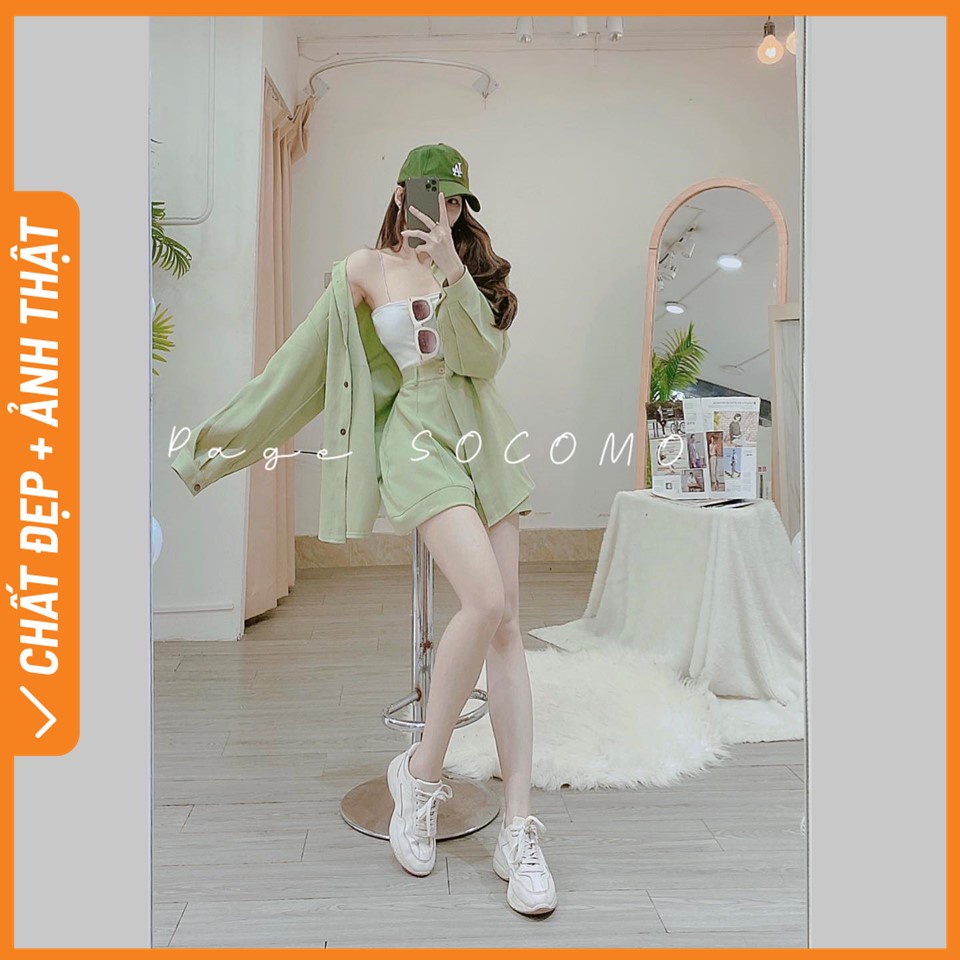 Set áo somi nhung mix cùng quần sooc nẹp gấu Socomo B522022 - Hàng loại 1, chất đẹp, giá tốt