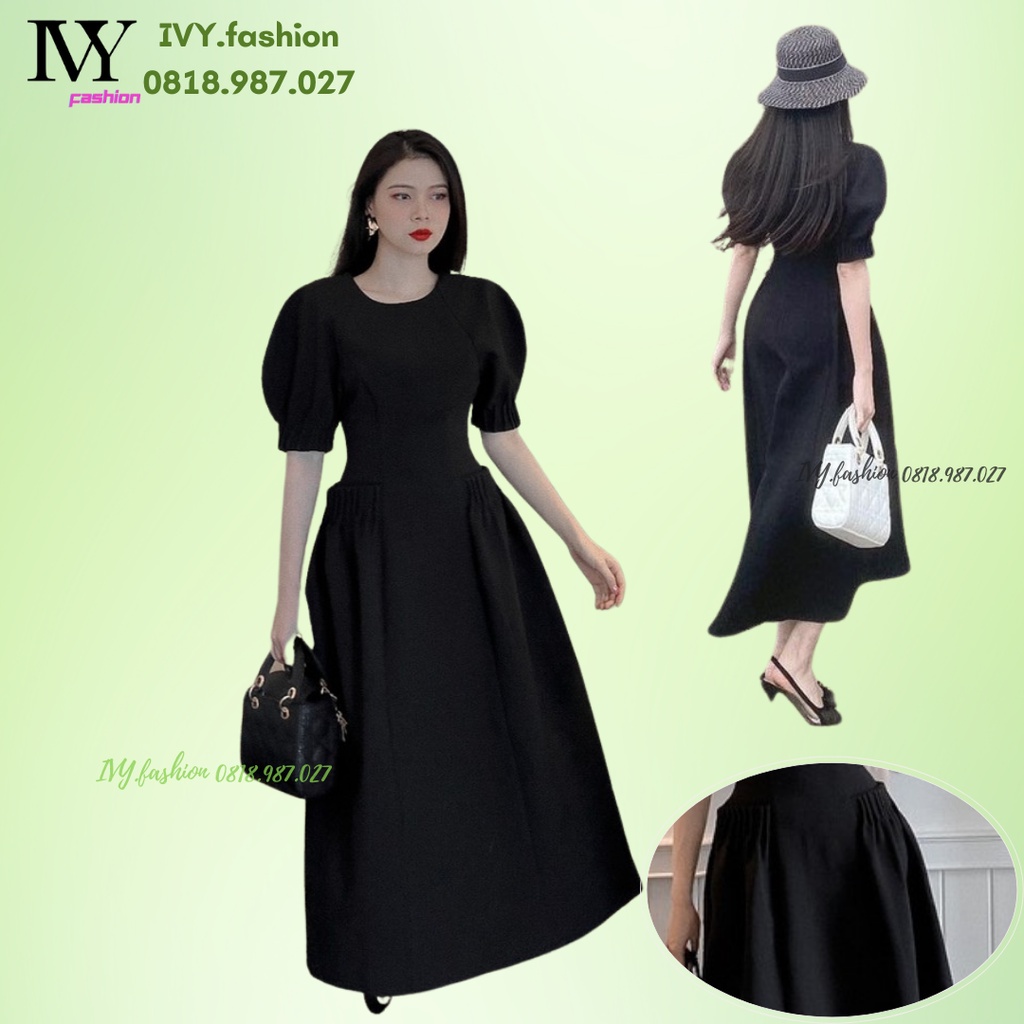 Đầm maxi thiết kế 🔥tuyết mưa🔥 đen cổ tròn tay phồng xếp túi ly ivy.fashion đi biển dự tiệc dạo phố bigsize gợi cảm sexy
