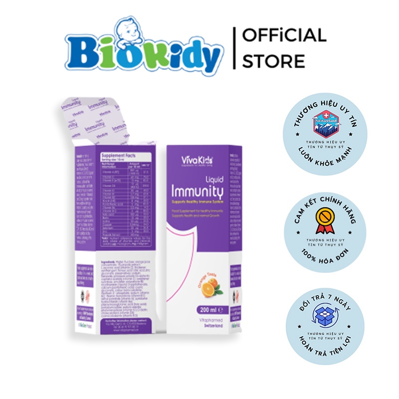 Siro Bổ Sung Các Vitamin Và Khoáng Chất Giúp Tăng Cường Sức Đề Kháng Cho Trẻ VivaKids Immunity Liquid Chai 200ml M0025