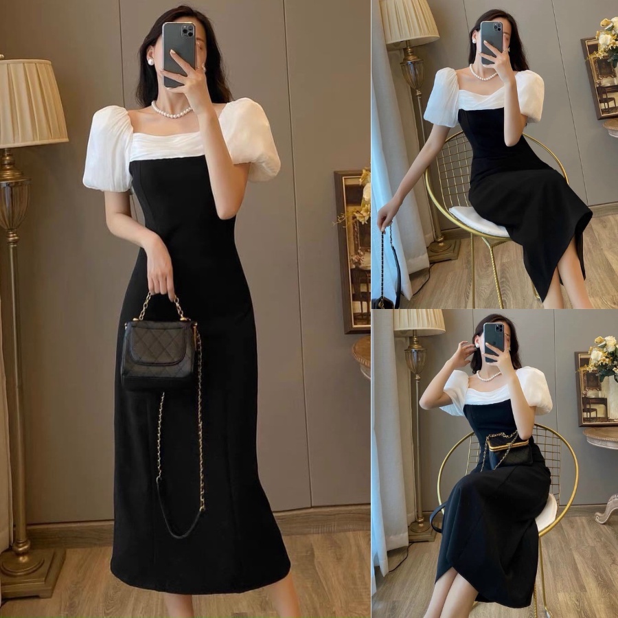 Đầm cổ vuông tay bồng,váy đen dự tiệc dáng dài thiết kế cotton full 2 lớp phối tơ oganza tiểu thư dạo phố  XM Minh Phúc