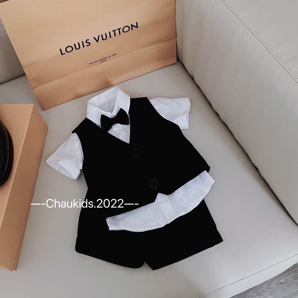 Quần áo bé trai, set 3ct công tử: áo sơ mi trắng chất thô, quần và áo gile chất đũi thấm hút mồ hôi cho bé