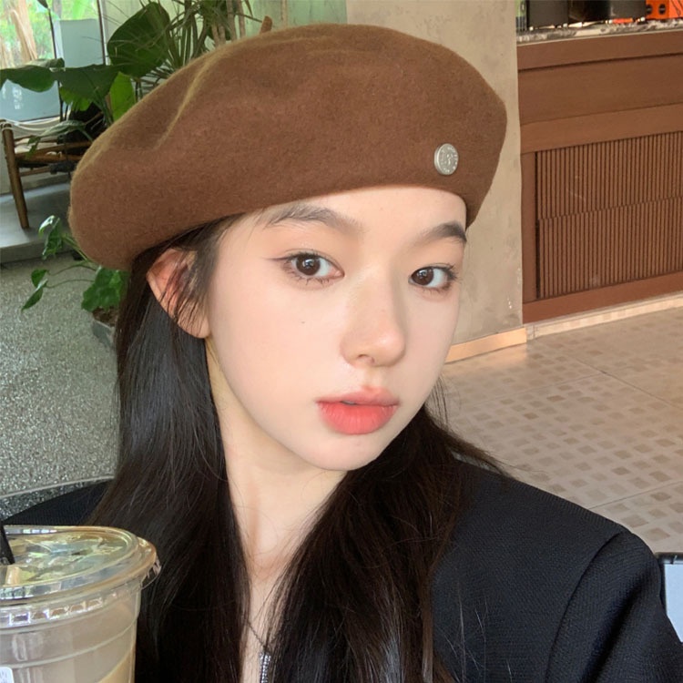 Mũ Beret Len Phối Nút Kim Loại Cao Cấp Thời Trang Mùa Thu Đông Theo Phong Cách Hàn Quốc Cho Nữ