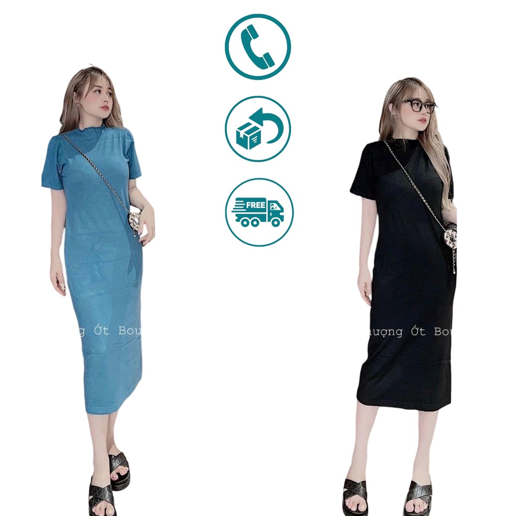 Váy len body dáng dài HAVASA váy body len tăm nữ cổ 3 phân tay ngắn 4 màu nâu, be, đen, xanh - MÃ KPA017