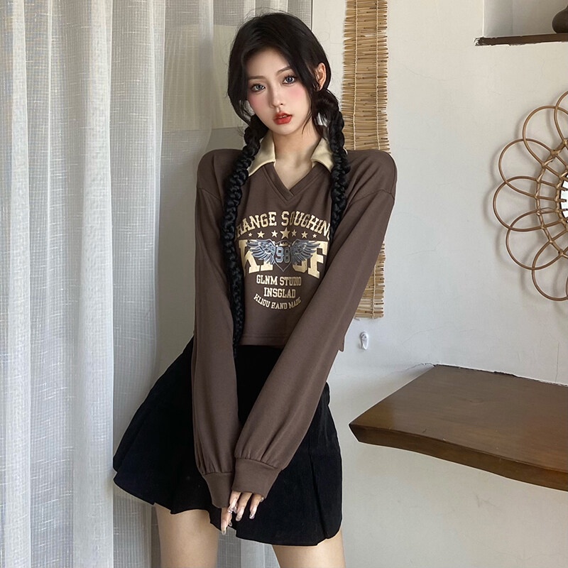 Kliou 2022 Mới vào mùa hè  Áo Thun Crop Top Tay Dài Cổ Chữ V In Chữ Phong Cách Mỹ Thời Trang Mùa Thu Mới Dành Cho Bạn Nữ