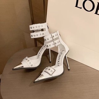 Giày cao gót nữ mũi nhọn kim loại đế 8cm 10cm hai quai xích cao cấp
