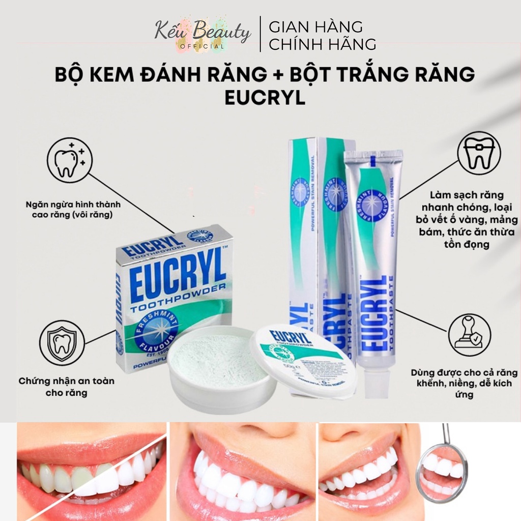 Combo Bột Tẩy Trắng Răng EUCRYL 50g + Kem Đánh Răng Làm Trắng Răng Hương Bạc Hà EUCRYL Tooth Paste Freshmint 62g