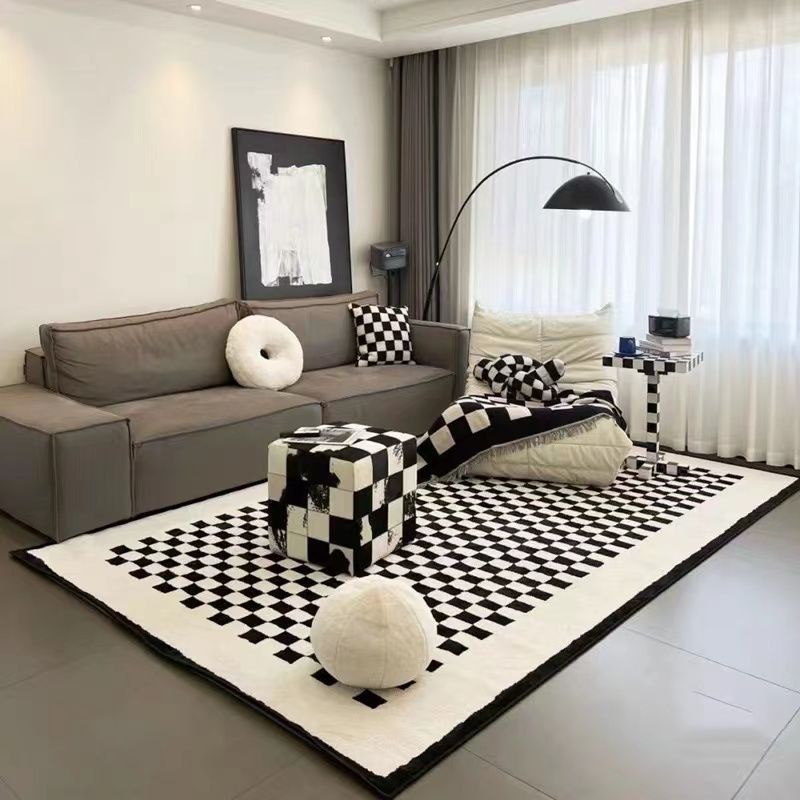Se7ven✨Thảm Lót Sàn Vải Bông Dày Họa Tiết Kẻ Sọc Caro Trắng Đen Phong Cách Scandinavian Mỹ