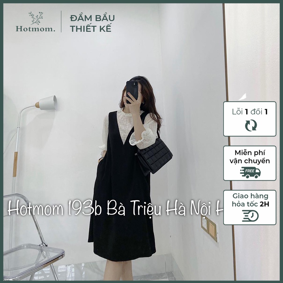 (HANG MOI VE) Váy yếm phối ren mềm tay dài, váy đầm bầu thiết kế dáng sành điệu đẹp Hotmom