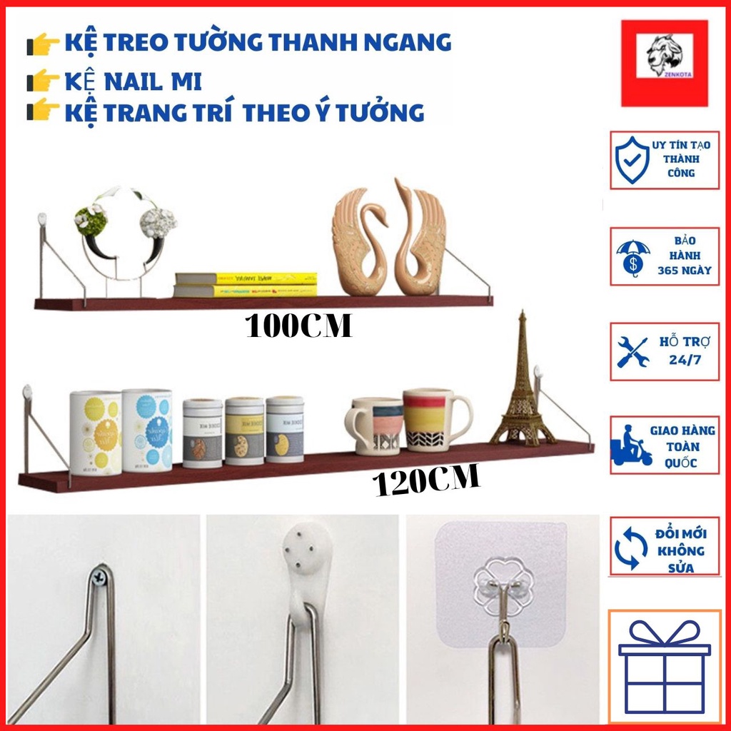 Thanh Ngang Treo Tường Bằng Móc INOX Kệ Gỗ Thông Minh Kiểu Dáng Hiện Đại Kệ Trang Trí Phòng Phách Phòng Làm Việc ZENKOTA