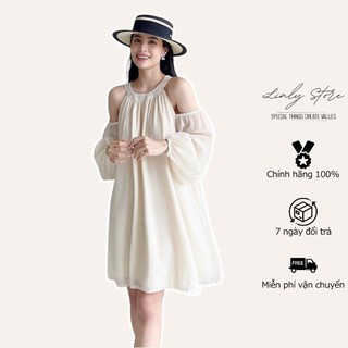 Váy yếm nữ trễ vai tay bồng Linly Store chất tơ dáng xòe V-VCY3